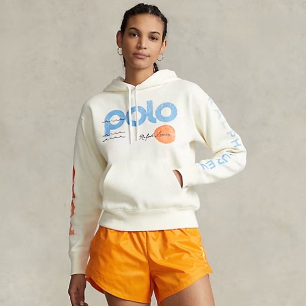 Ralph Lauren White Logo & Wave Graphic Fleece Hoodie NWT Size Medium